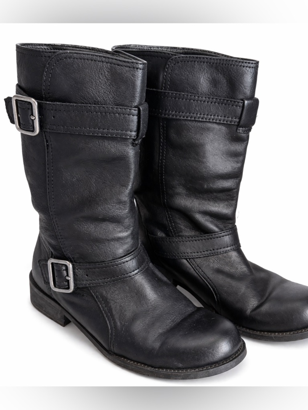 Kenneth Cole Reaction Black Mid-Calf Riding Boots Buckle Strap Low Heel Size 8.5